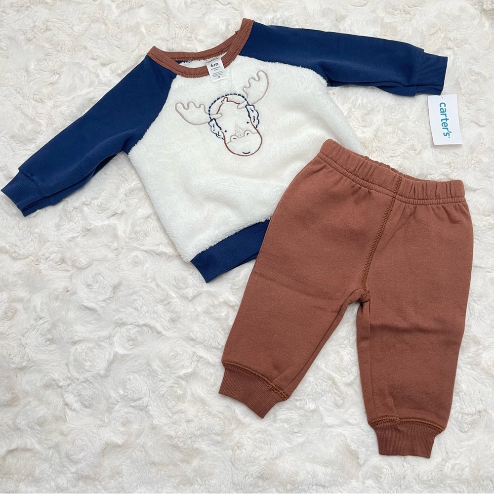 Carter's Moose Fuzzy Pullover Sweatshirt & Jogger Pants Set-6m-NWT